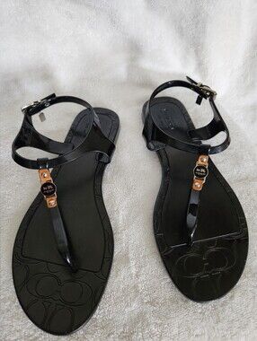 Coach Black T-Strap Sandals with Silver Tone Logo Accents